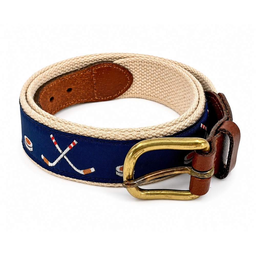 Leather Man Limited Men's Handmade Blue Canvas Hockey Theme Leather Belt Size 38